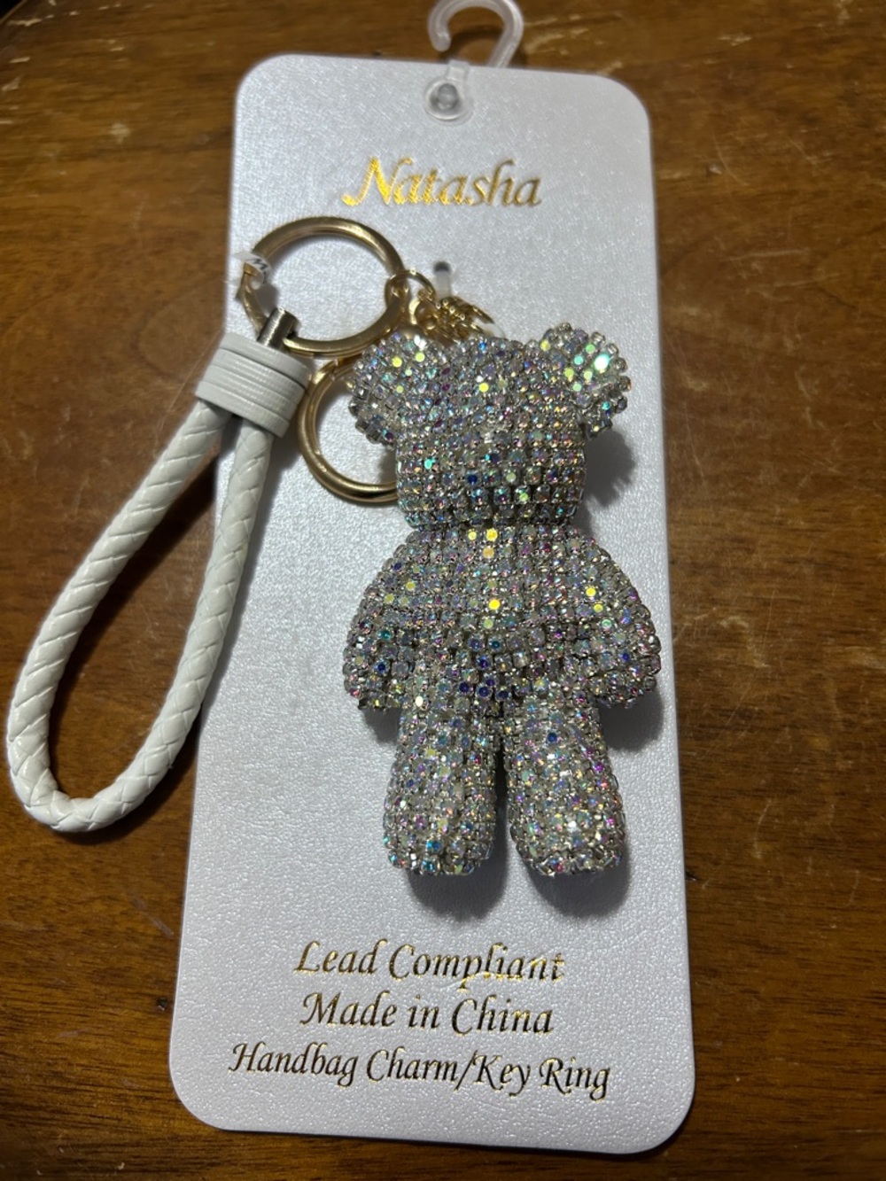 Natasha Couture Iridescent Crystal Teddy Bear Keychain with White Strap